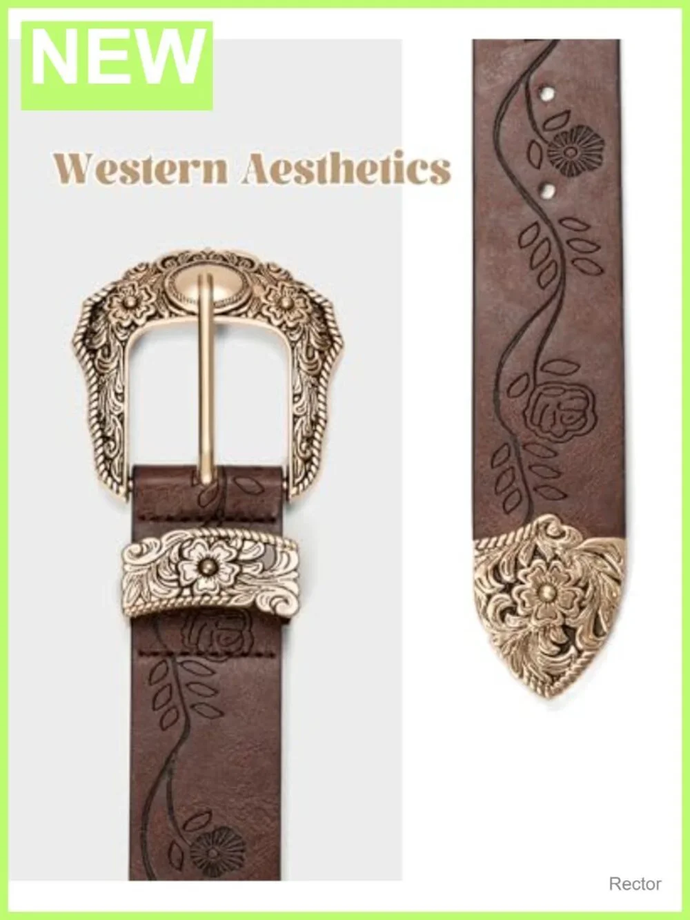 Vintage Cowgirl Western Belt for Women Gold Buckle PU Leather Floral Embossed